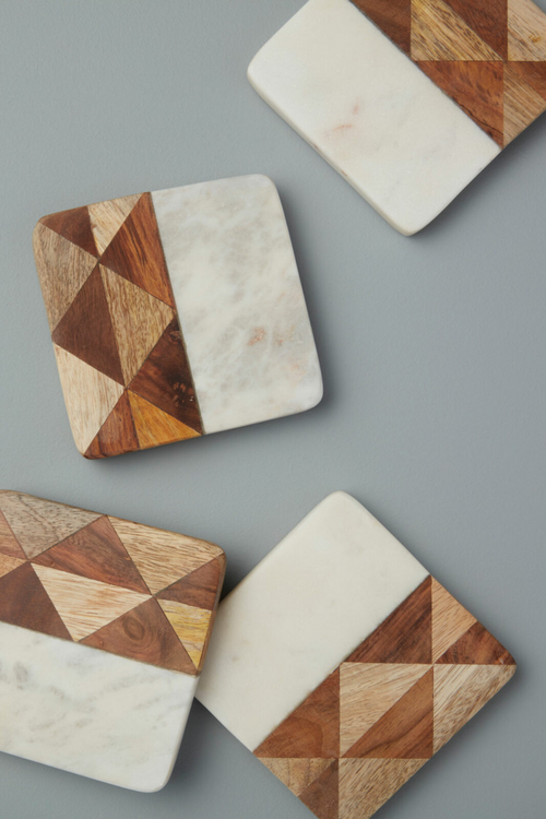 Marble + Wood Mosaic Square Coasters