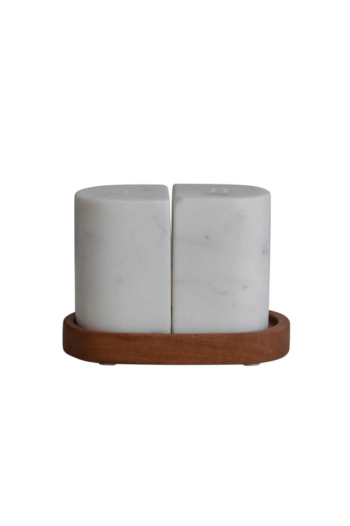 Marble Salt + Pepper Shakers with Acacia Tray