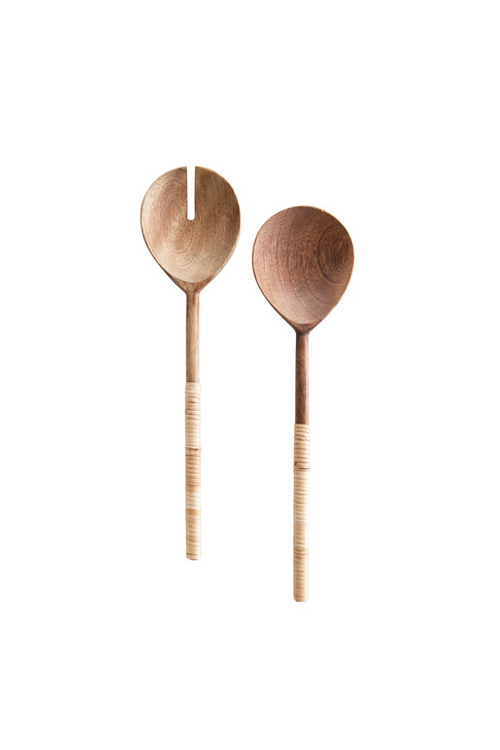 Wood Salad Servers with Bamboo Wrapped Handles