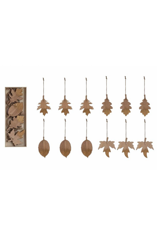 Gold Brushed Wood Leaf Ornament Set