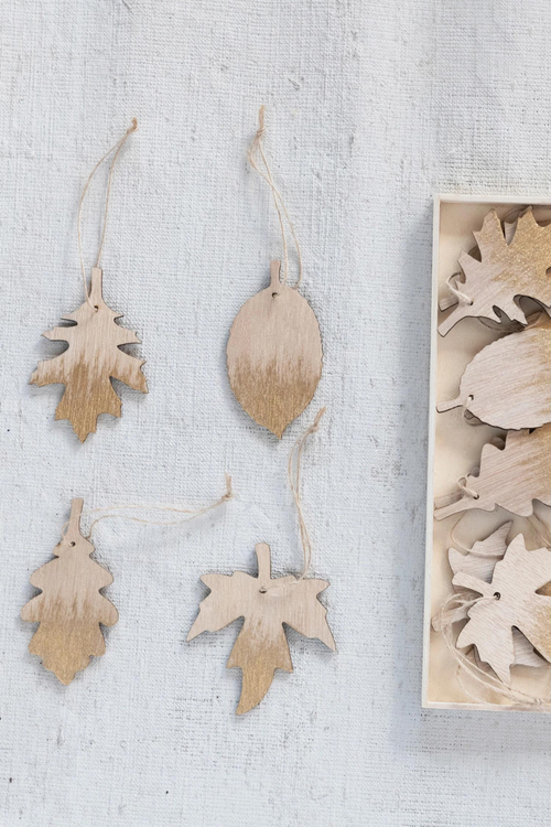 Gold Brushed Wood Leaf Ornament Set