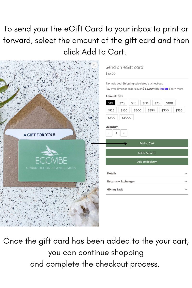 To send your the eGift Card to your inbox to print or forward, select the amount of the gift card and then click Add to Cart. Once the gift card has been added to the your cart, you can continue shopping
and complete the checkout process.