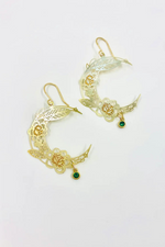 1 of 2:Brass Floral Moon Earrings in Emerald Green