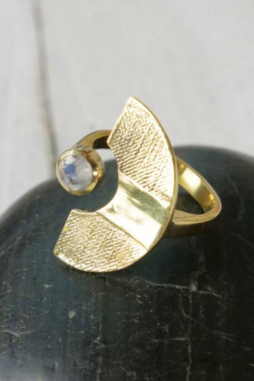 Brass Half Sphere Ring with Faceted Moonstone
