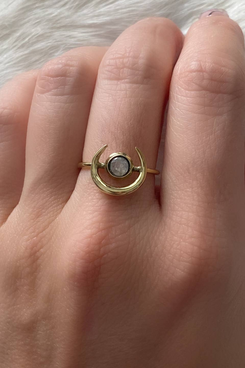 Brass Horn Ring with Faceted Moonstone