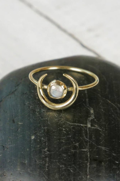 Brass Horn Ring with Faceted Moonstone
