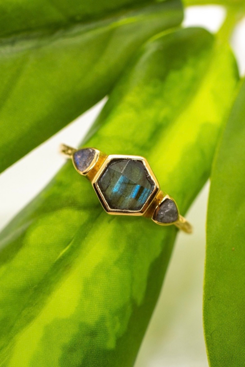 Brass Labradorite Hexagon Ring