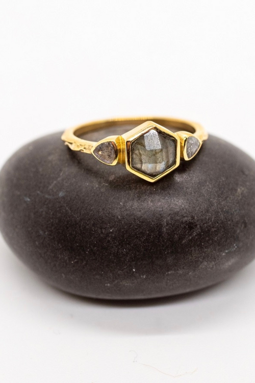 Brass Labradorite Hexagon Ring