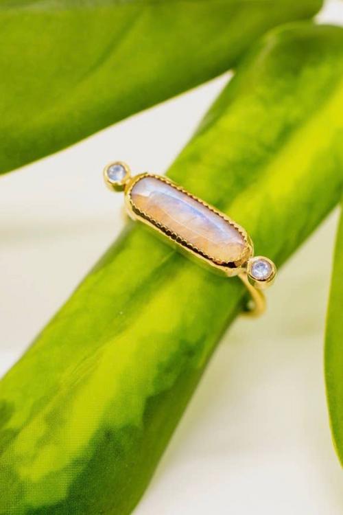 Brass Long Moonstone Ring