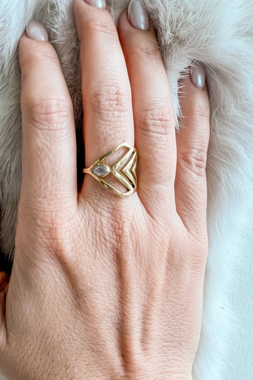 Brass Three V Ring with Moonstone