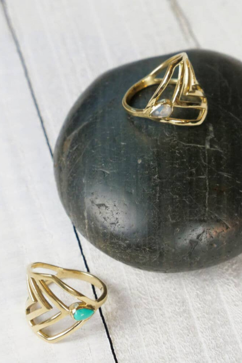Brass Three V Ring with Moonstone