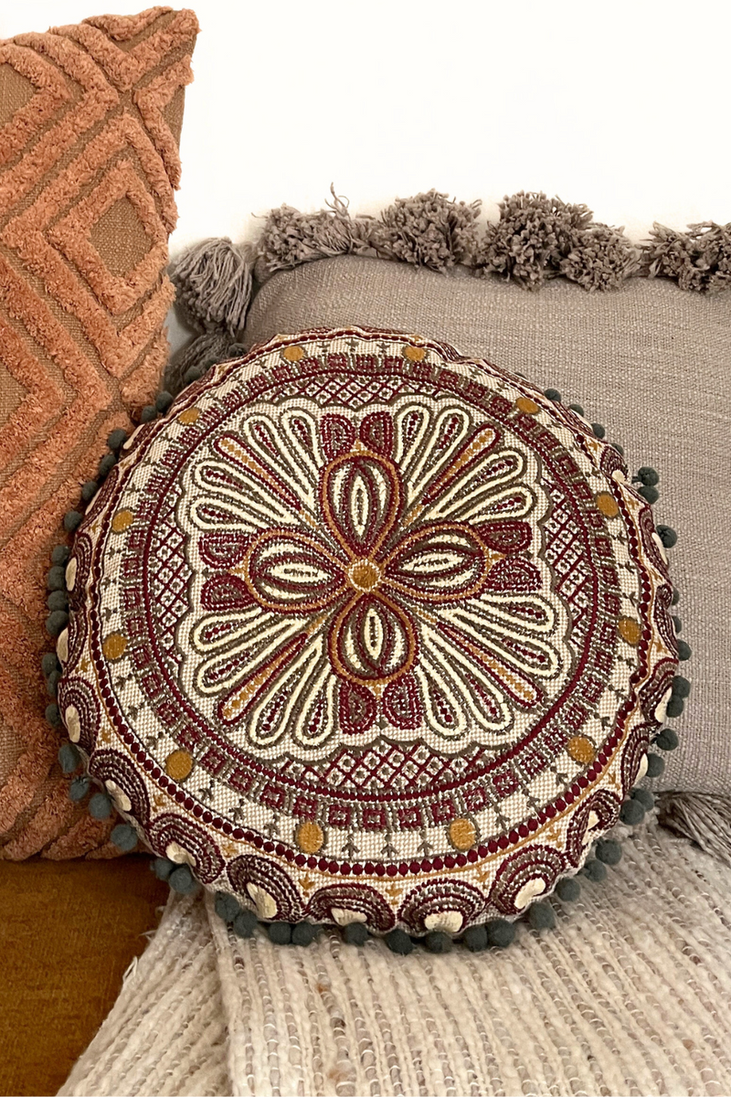 Bloomingville-Embroidered-Burgundy-Cotton-Pillow