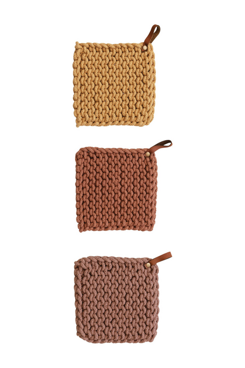 Cotton Crocheted Pot Holder w/ Leather Loop, 3 Colors