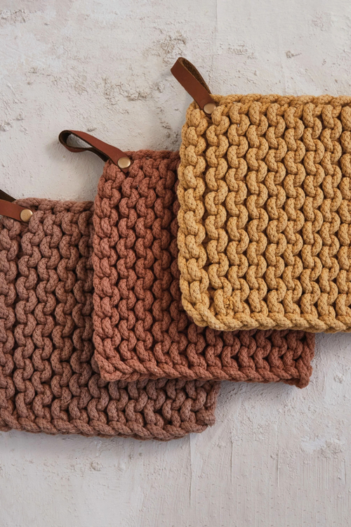 Cotton Crocheted Pot Holder w/ Leather Loop