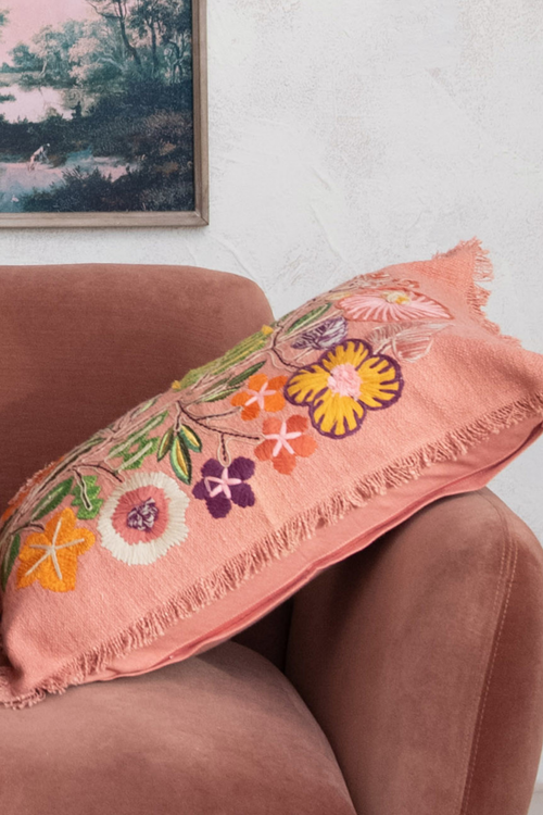 Flowers + Fringe Cotton Lumbar Pillow