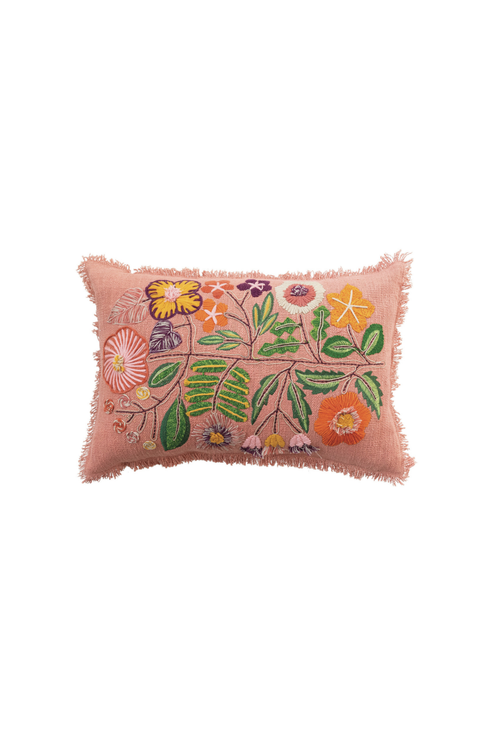Flowers + Fringe Cotton Lumbar Pillow