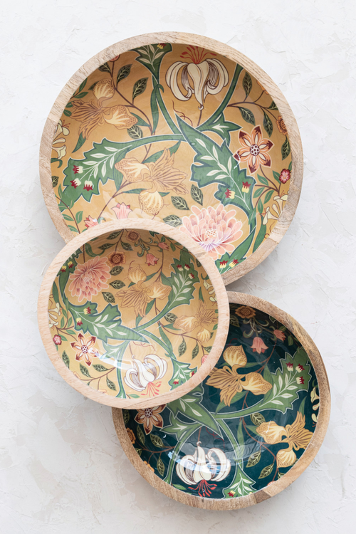 Floral Enamel Mango Wood Bowl