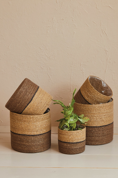 Lined Two-Tone Seagrass Plant Baskets