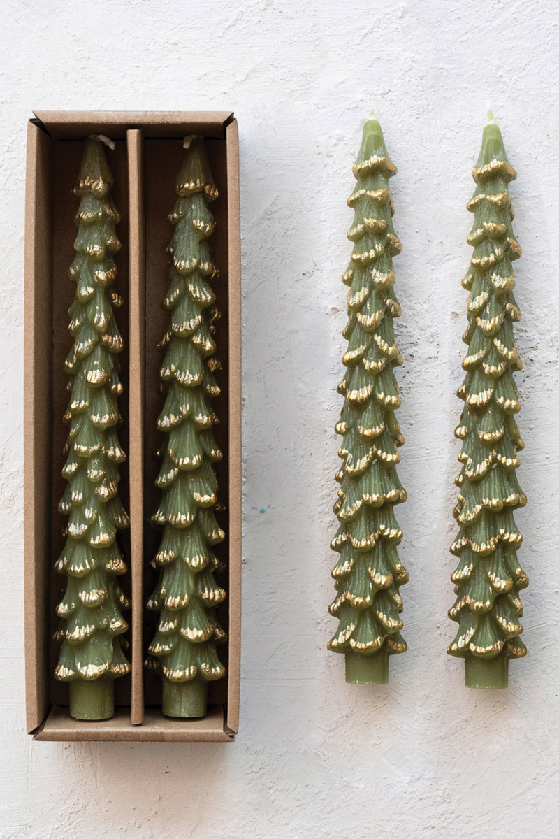 Creative-Co-Op-Tree-taper-holiday-candlesticks-Candles-Green-with-Gold