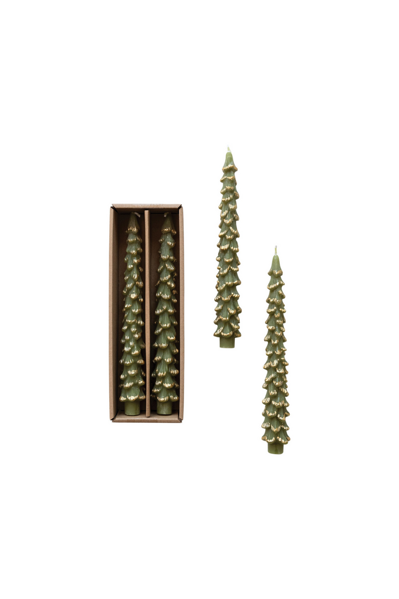 Creative-Co-Op-Tree-taper-holiday-candlesticks-Candles-Green-with-Gold