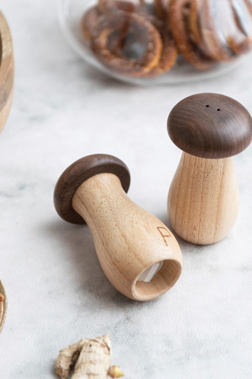 Wood Mushroom Salt + Pepper Shakers