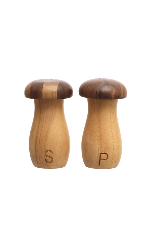 Wood Mushroom Salt + Pepper Shakers