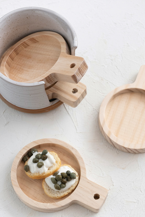 Wood Tapas Plates + Ceramic Holder