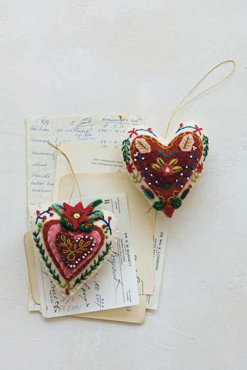 Embroidered Wool Felt Heart Ornament