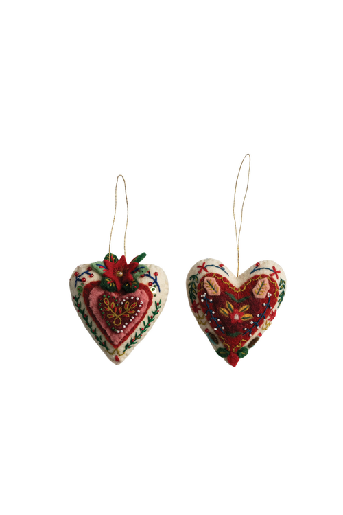Embroidered Wool Felt Heart Ornament