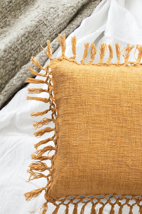 Golden Crochet + Fringe Pillow