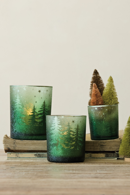 Green Etched Woodland Scene Votive Holder