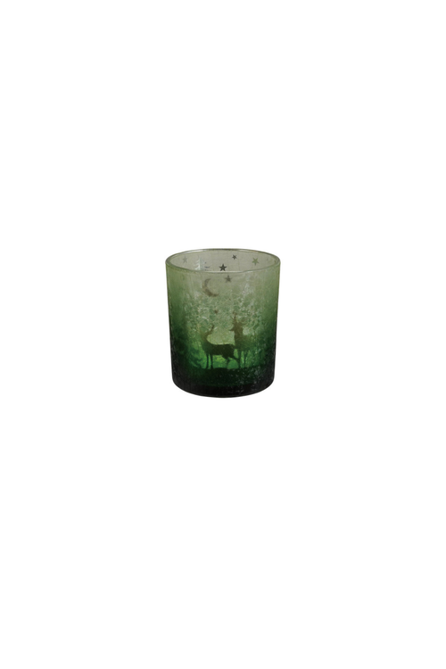 Green Etched Woodland Scene Votive Holder