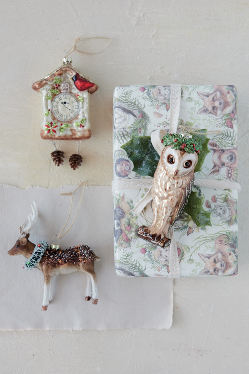 Holly Crown Owl Glass Ornament