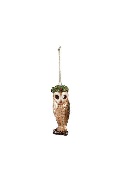 Holly Crown Owl Glass Ornament
