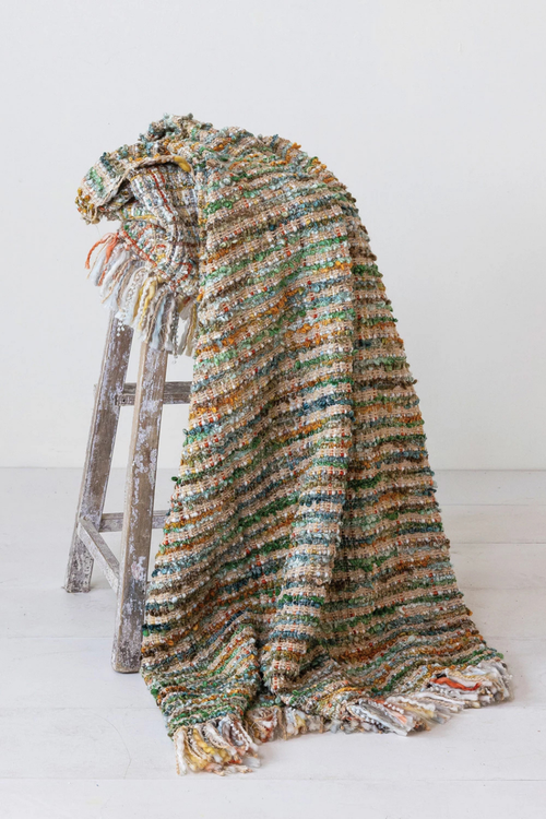 Multicolored Bouclé Fringed Throw Blanket
