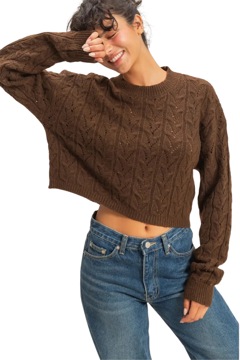 Juni Cropped Cable Knit Sweater Chocolate Brown