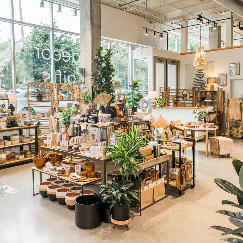 An array of houseplants and plant-themed products on display.