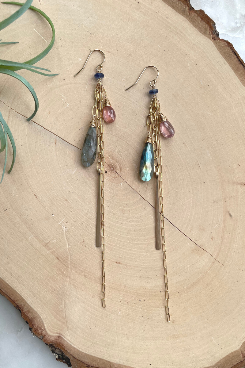 Elysium Jewelry Cascading Gems + Gold Teardrop Hoop Earrings in Pink Sapphire