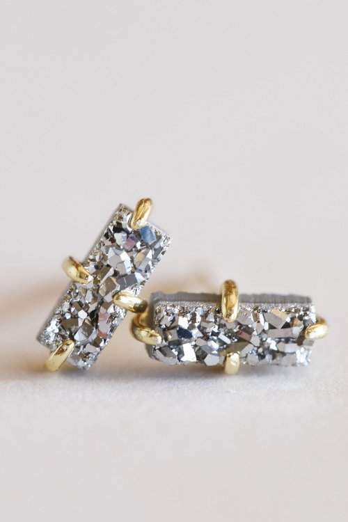 JaxKelly Druzy Bar Stud Earrings Silver