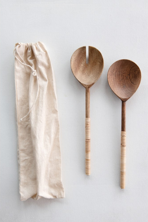Creative Co-op Wood Salad Servers with Bamboo Wrapped Handles DF3545