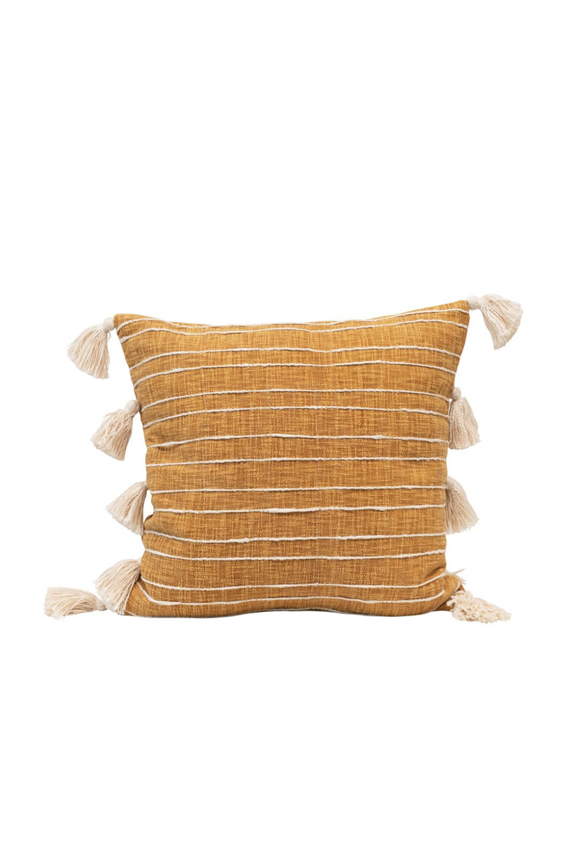Creative Co-op Mustard Striped Cotton Pillow with Tassels DF4544