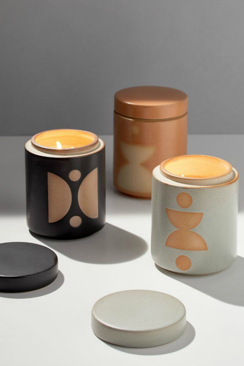 Form Ceramic Candle with Lid, Palo Santo Suede