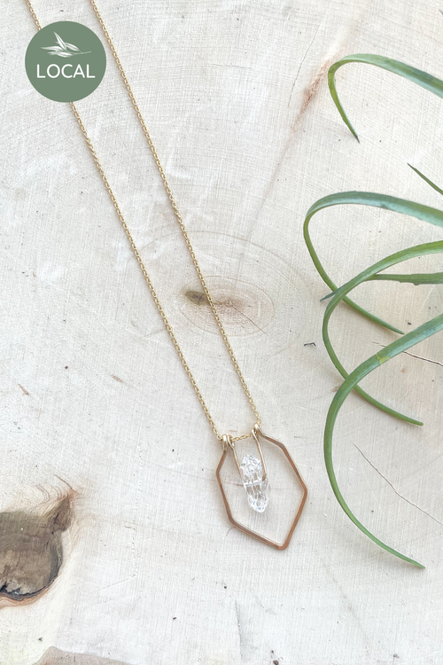 Herkimer Diamond + Gold Hexagon Necklace
