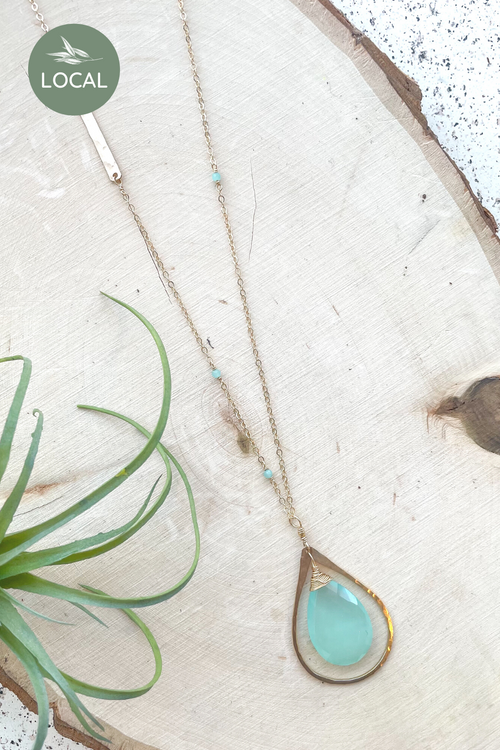 Long Gold Teardrop + Chalcedony Necklace