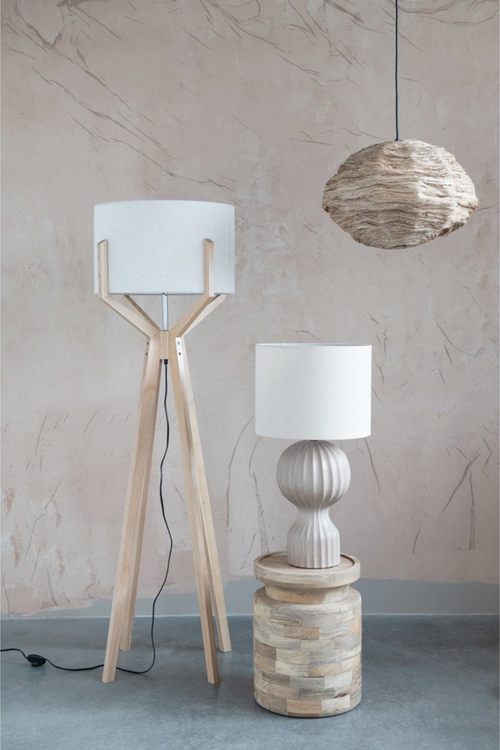 Creative Co-op Nest Wood Floor Lamp with Linen Shade