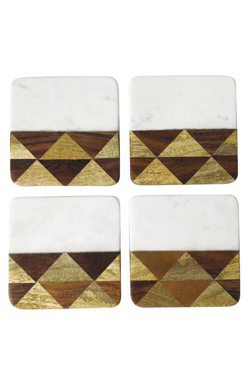 EcoVibe Style - White Marble & Wood Mosaic Square Coasters, Set of 4, 